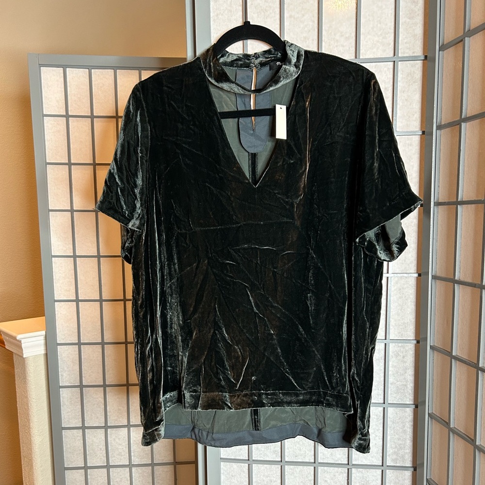 NWT Madewell Dark Green Velvet Short Sleeve Top